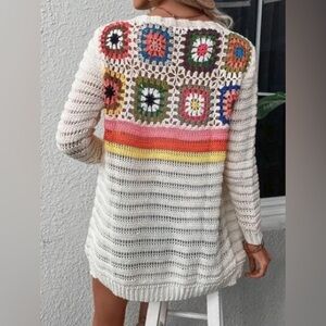 SHEIN Drop Shoulder Cardigan Crochet Granny Sweater Size Large Pit 20